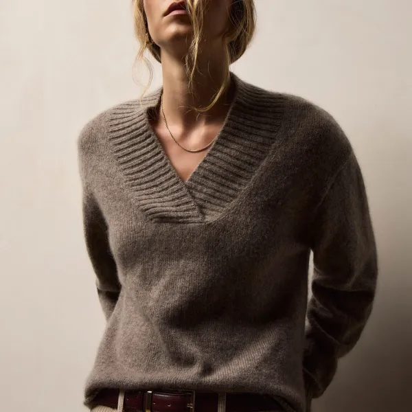 Lightweight Textured Cashmere V Neck - Beige Melange