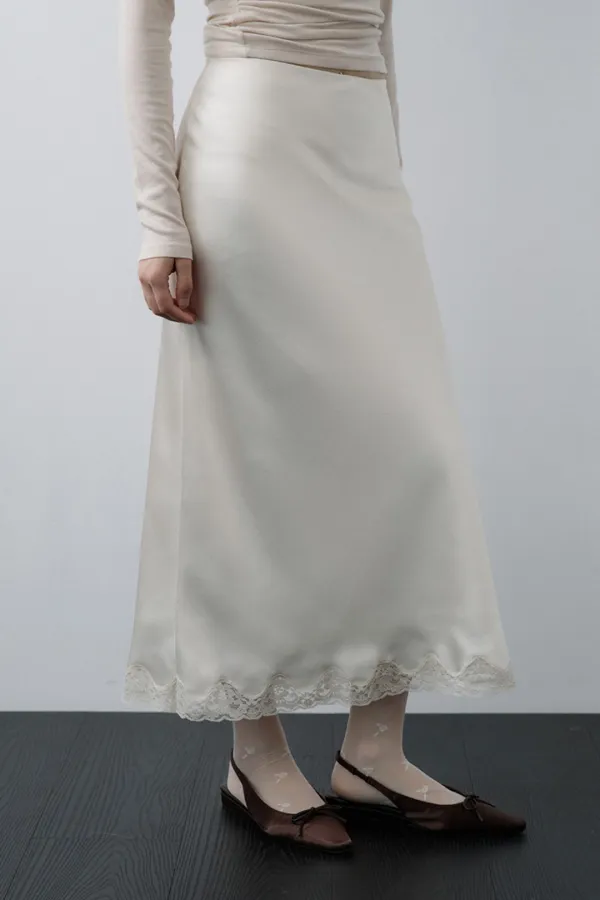 Satin Lace-Hem Skirt (Cream)