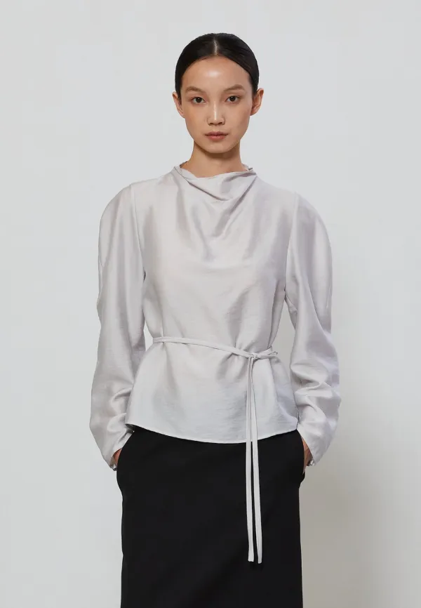 DRAPE HIGH NECK BLOUSE - GRAY