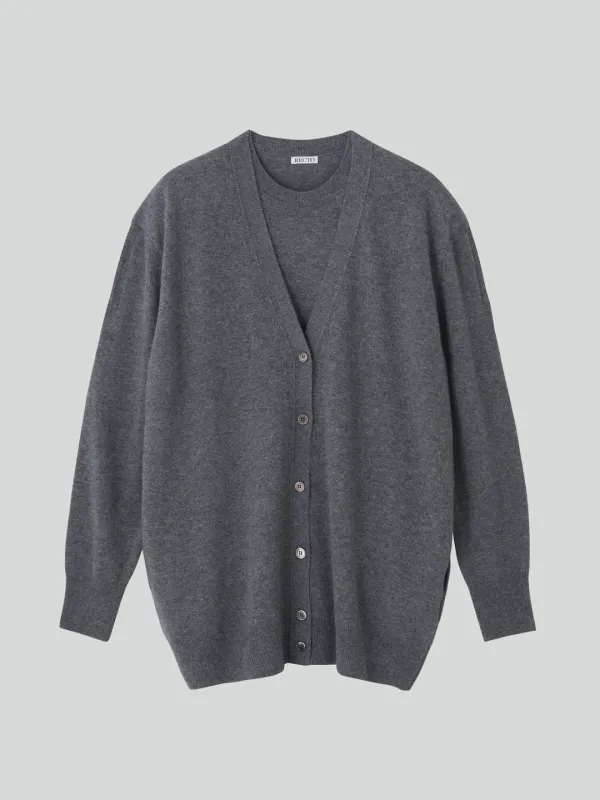 LAYERED CARDIGAN KNIT TOP (MELANGE GREY)