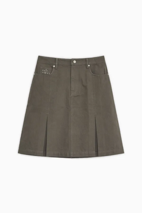 [9/30 예약배송] FLORAL LINE PLEATED MIDI SKIRT, KHAKI