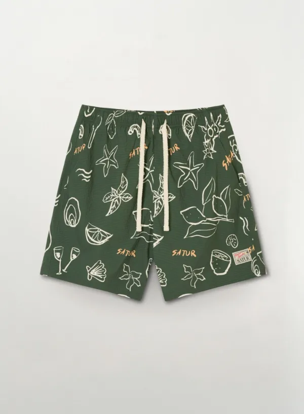 Hand Drawing Graphic Swim Shorts - Green