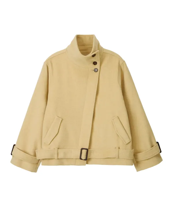 Lovie Wool High Neck Half Coat-Butter