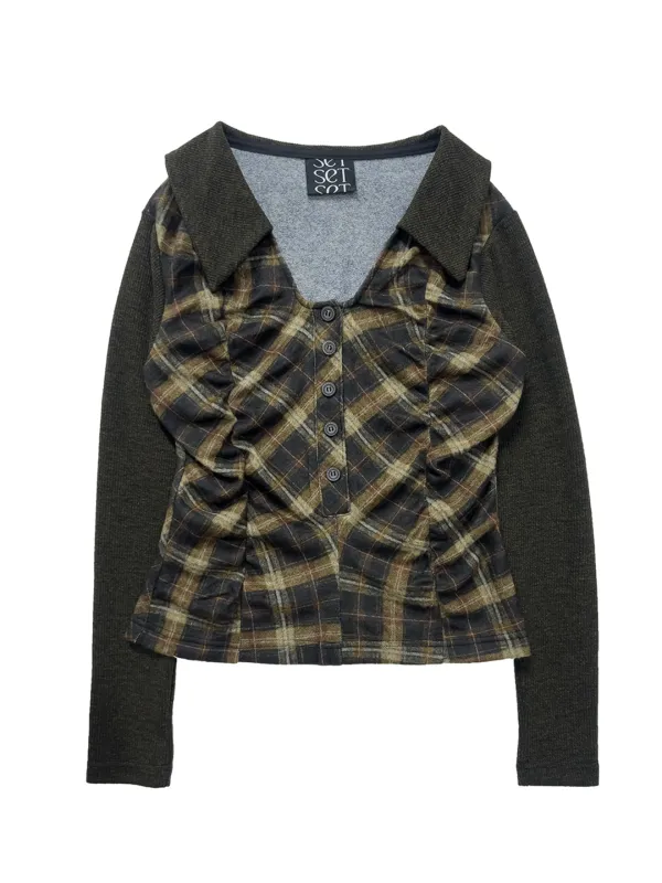 LABYRINTH CHECK SHIRRING TOP YELLOW KHAKI
