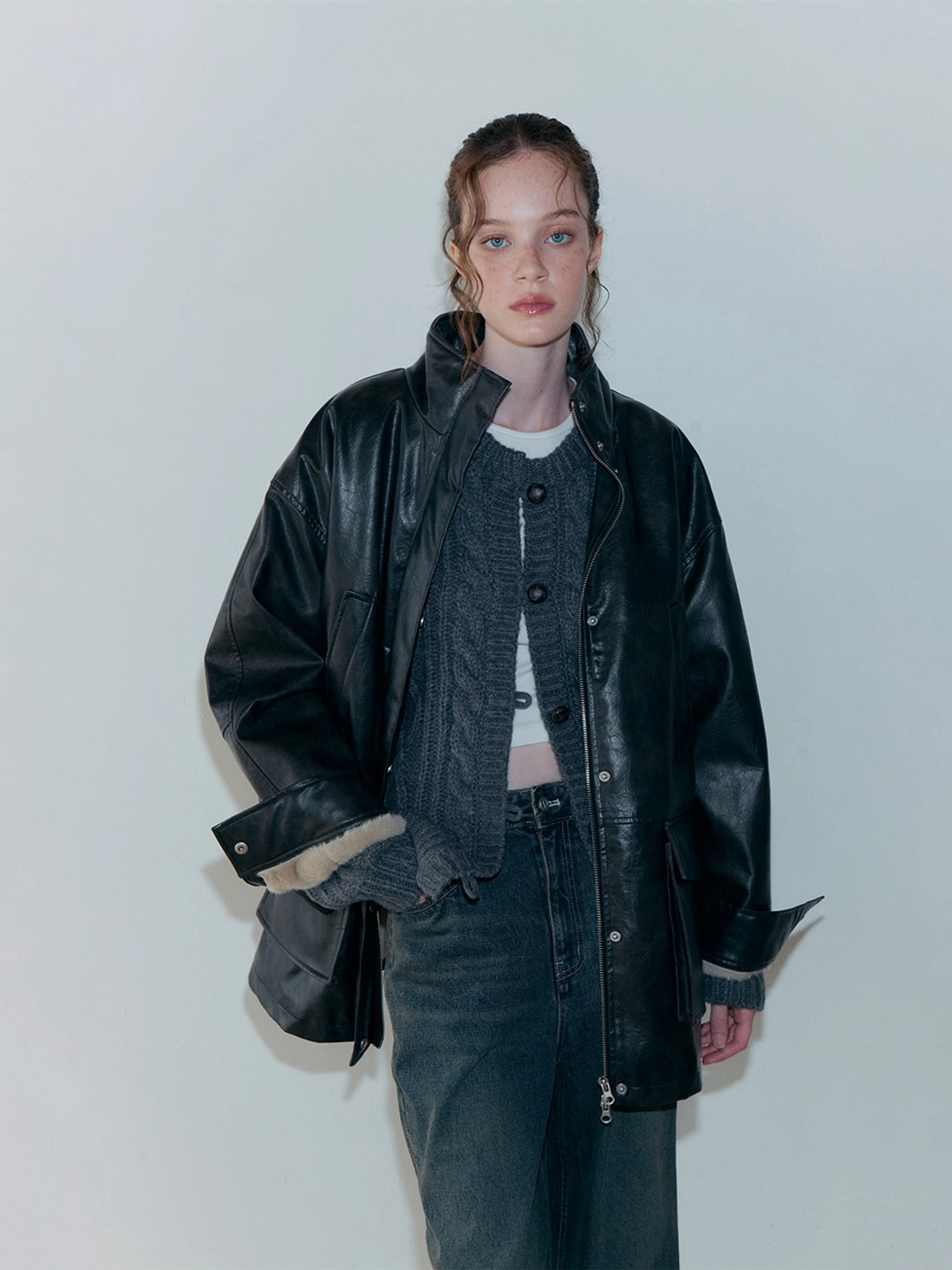 에트몽 Faux Leather Fur Coat, Black 상품 이미지 1