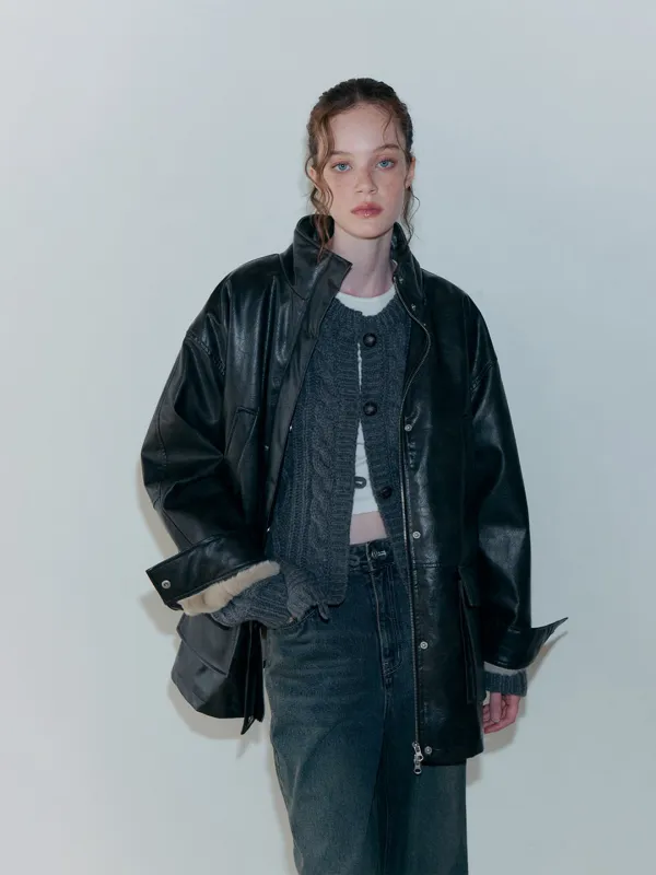 Faux Leather Fur Coat, Black
