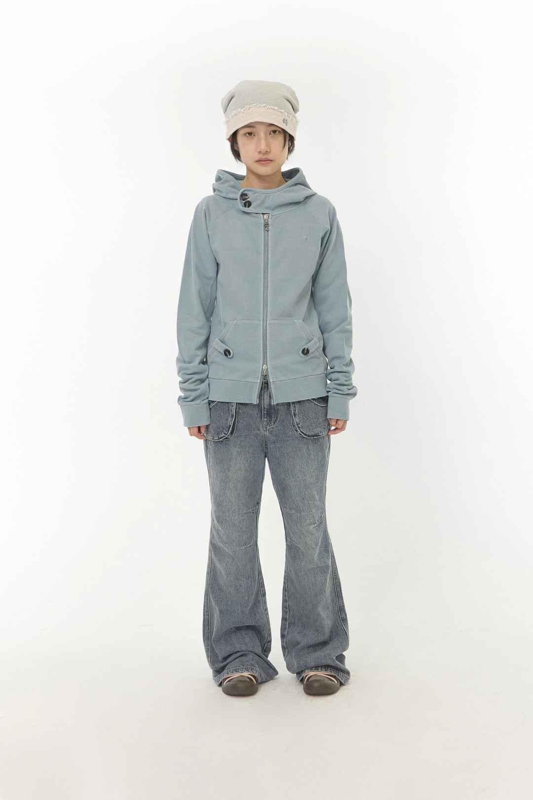 허그유어스킨 Washed high-neck hoodie zip-up (Blue) 상품 이미지 2