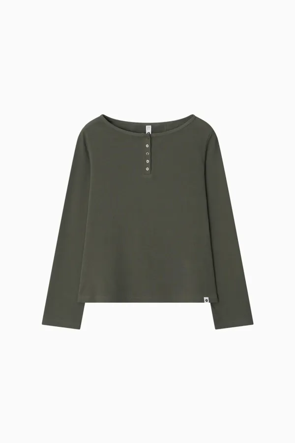 HENLEY NECK BUTTON LONG SLEEVE, KHAKI