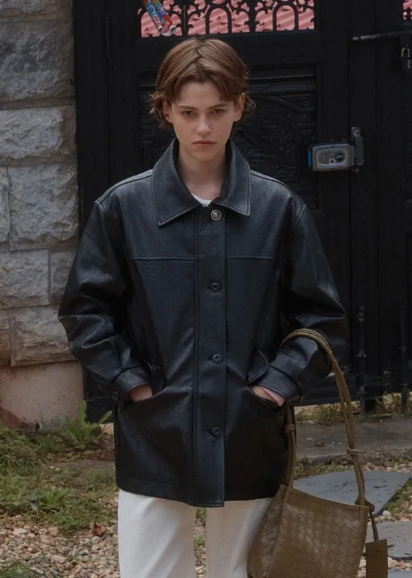 BUTTON CLASSIC LEATHER JACKET_2COLOR