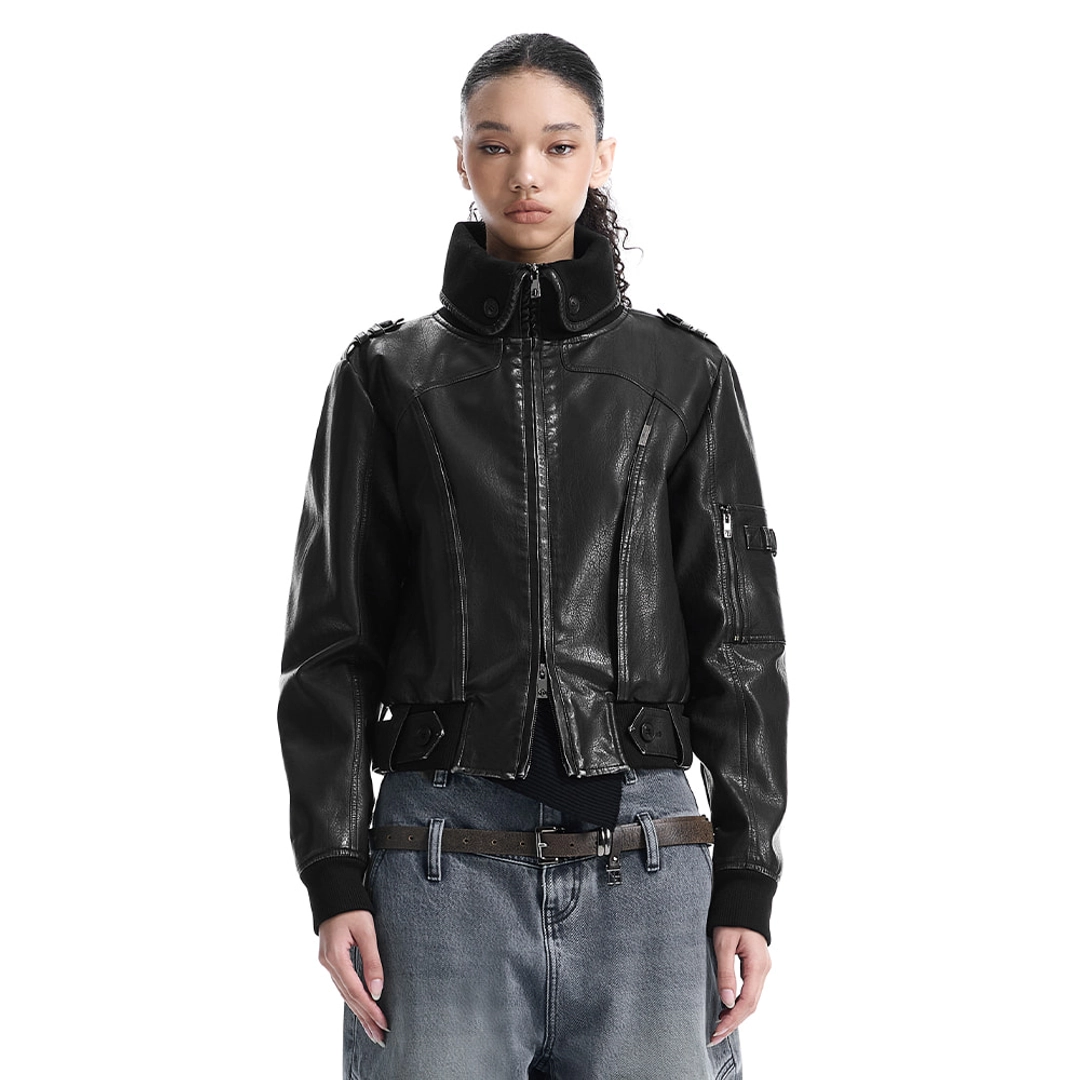 트리밍버드 High-Neck Leather Bomber Jacket [ Black ] 상품 이미지 1