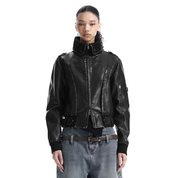 High-Neck Leather Bomber Jacket [ Black ]
