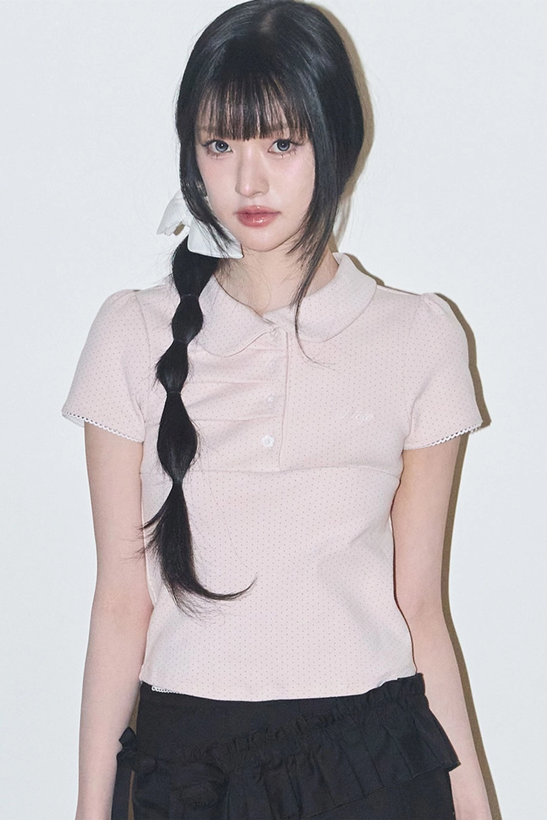 일리고 도트 핀턱 카라 티 핑크 상품 이미지 1