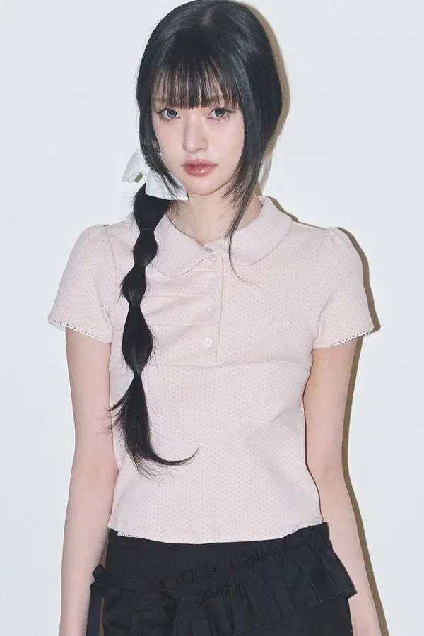 도트 핀턱 카라 티 핑크