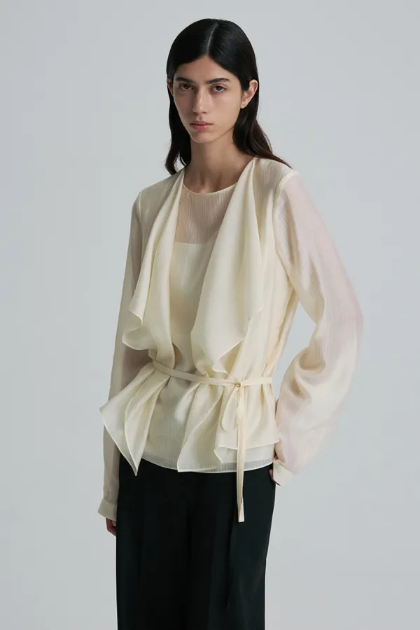 [9/18 순차배송] TIE-DETAIL GATHERED-WAIST BLOUSE PEARL
