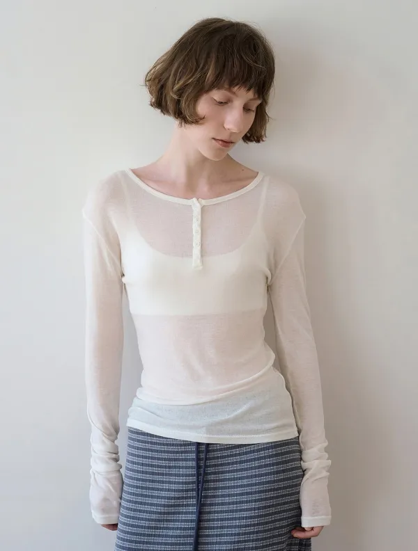 Placket Wool button slim T-shirt_Ivory