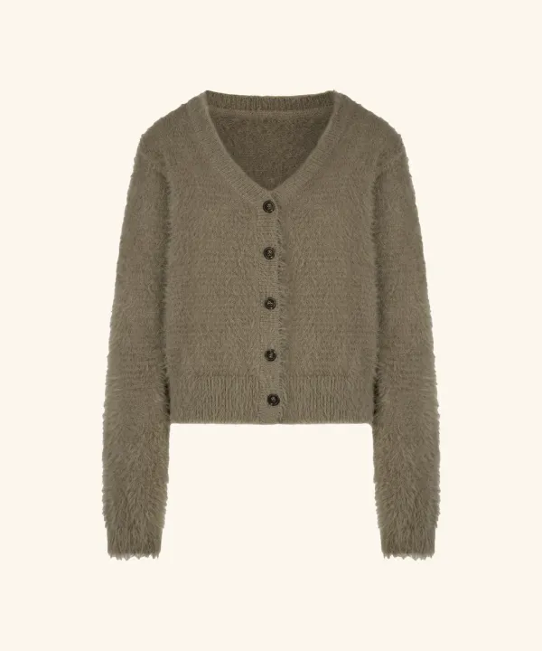 Hairy Deep V-Neck Cardigan ( Khaki Brown )