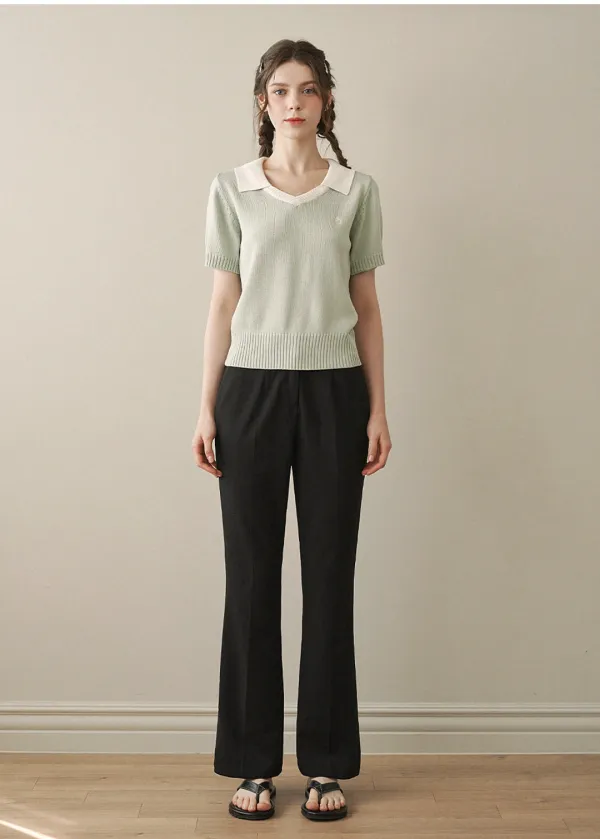  [44-120]  Cleome V-Neck Collar Knit  클레옴 브이-넥 카라 니트 (여름-꾸안꾸-데일리룩-데이트룩-출근룩-브이넥-오픈카라-기본니트-베이직템-배색-루즈핏-포인트템-빅사이즈-자체제작) 
