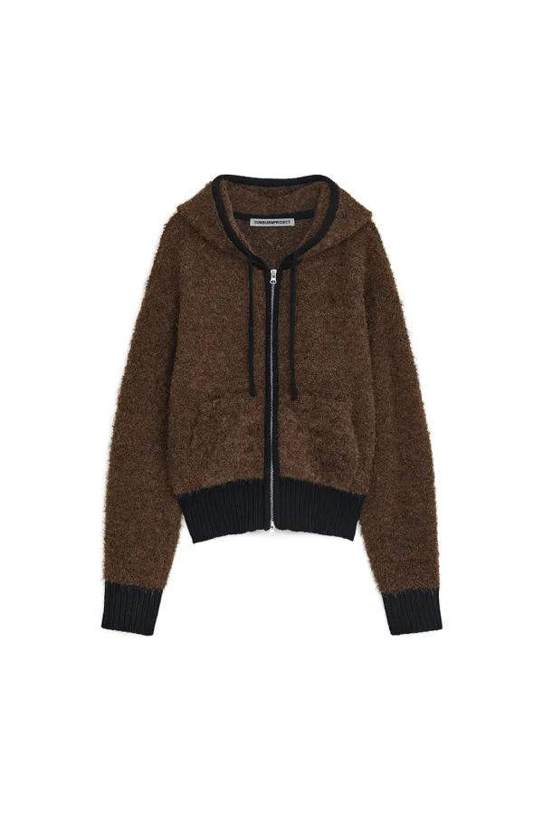 BOUCLE KNIT HOODIE ZIP-UP, BROWN