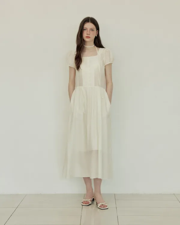 See through choker law rise long dress - cream
