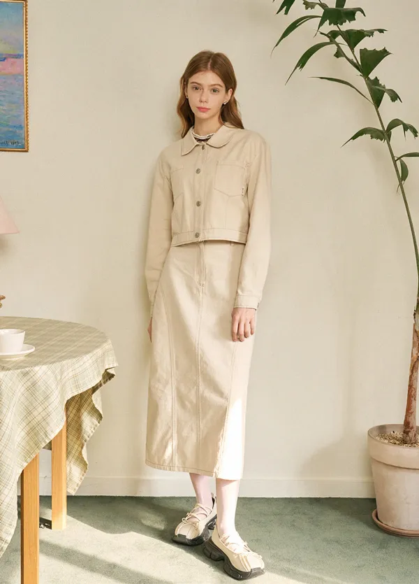 [44-120]  Choose Denim Stitch Point Jacket-Skirt Set up light beige  추즈 데님 스티치 포인트 자켓 셋업 연베이지 (봄-데일리룩-캐주얼룩-데이트룩-출근룩-셋업-자켓-스티치-데님-빅사이즈-자체제작) - MICANE