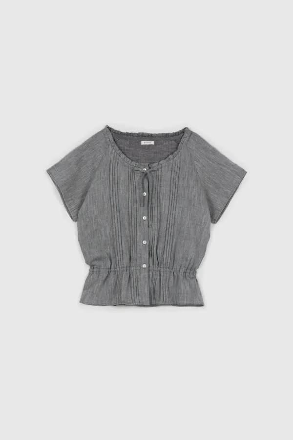 Pure Linen Tuck Half Blouse (Black)