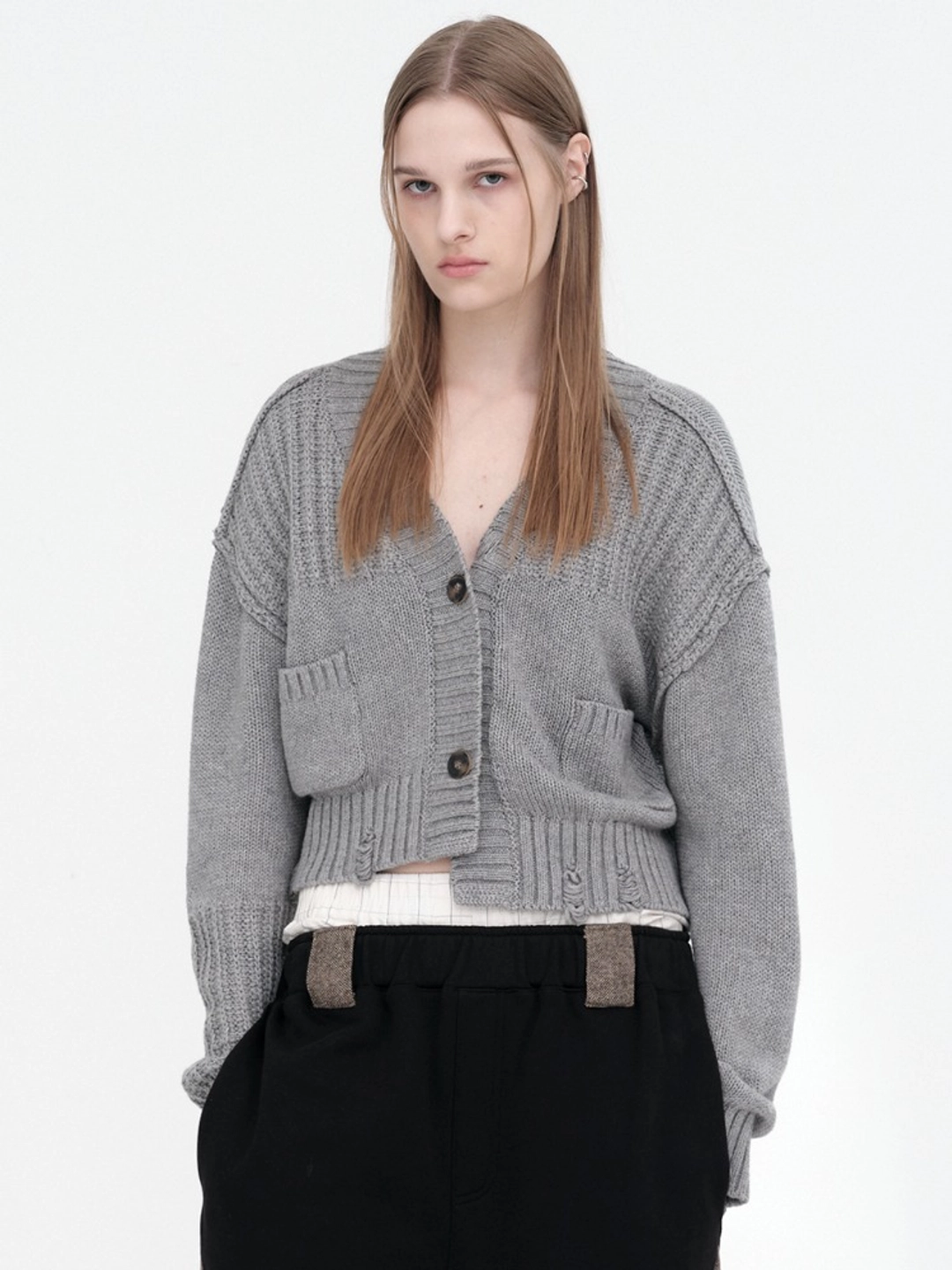 밀로 우먼 Mixed Cropped Loose Cardigan [Gray] 상품 이미지 2