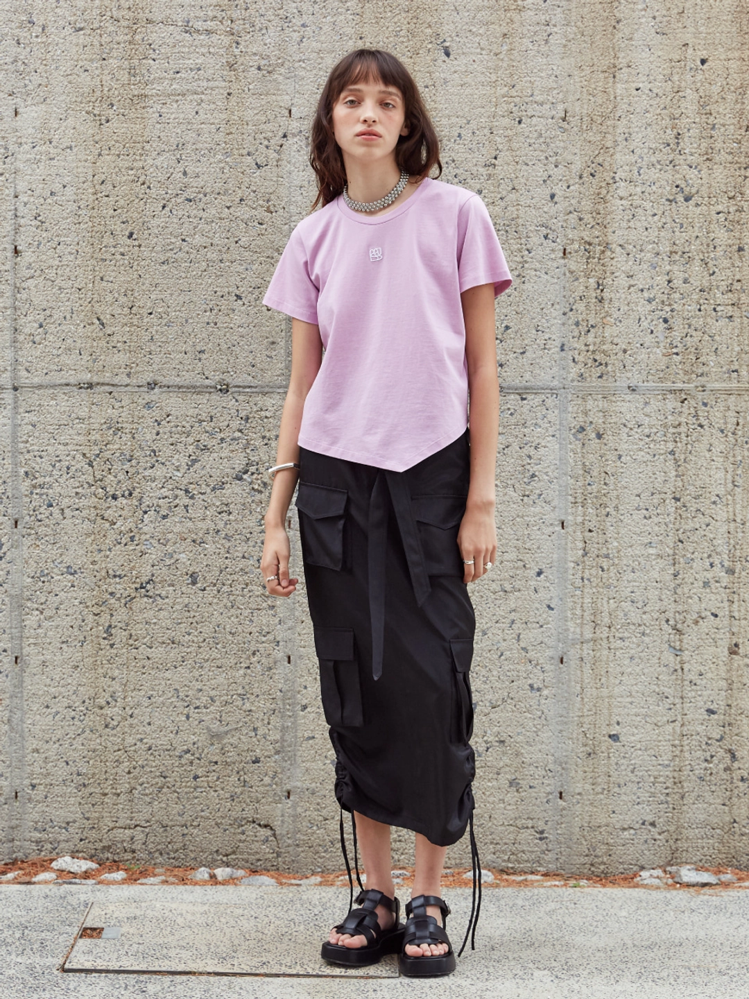 뮤제 [6th] LILY Side String Belted Satin Cargo Long Skirt_Black 상품 이미지 2