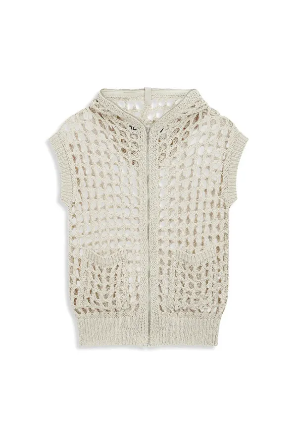 HOODED CROCHET ZIP VEST, BEIGE
