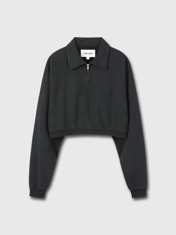 GARMENT-DYED CROPPED ZIP UP SWEATSHIRT_ FADED BLACK