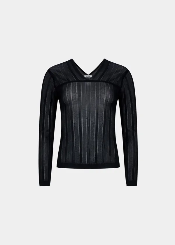 W RIBBED TRANSPARENT KNIT TOP - BLACK