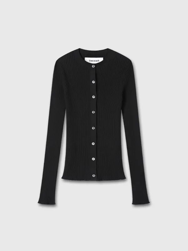 (W) SILK COTTON RIBBED BUTTON CARDIGAN_ BLACK