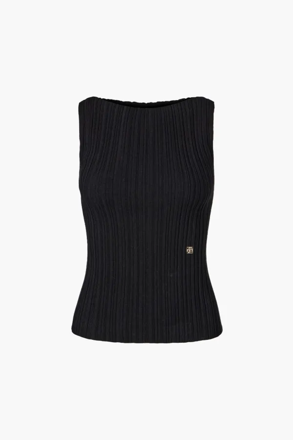 Ribbed Pleated Sleeveless Sweater, Black