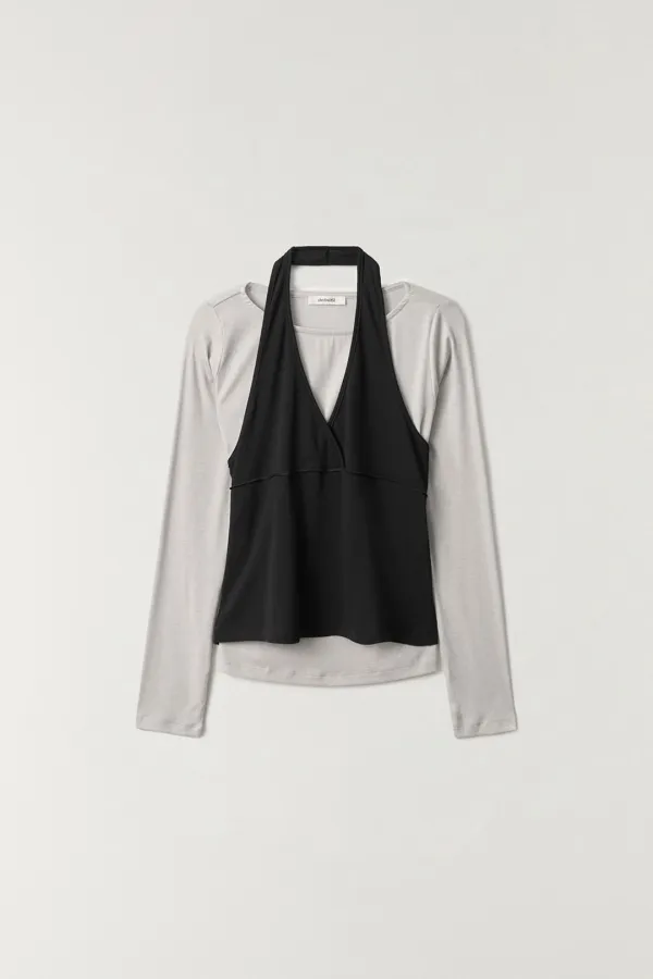 보트넥 홀터 레이어드 세트 BEIGE-BLACK - The Raust