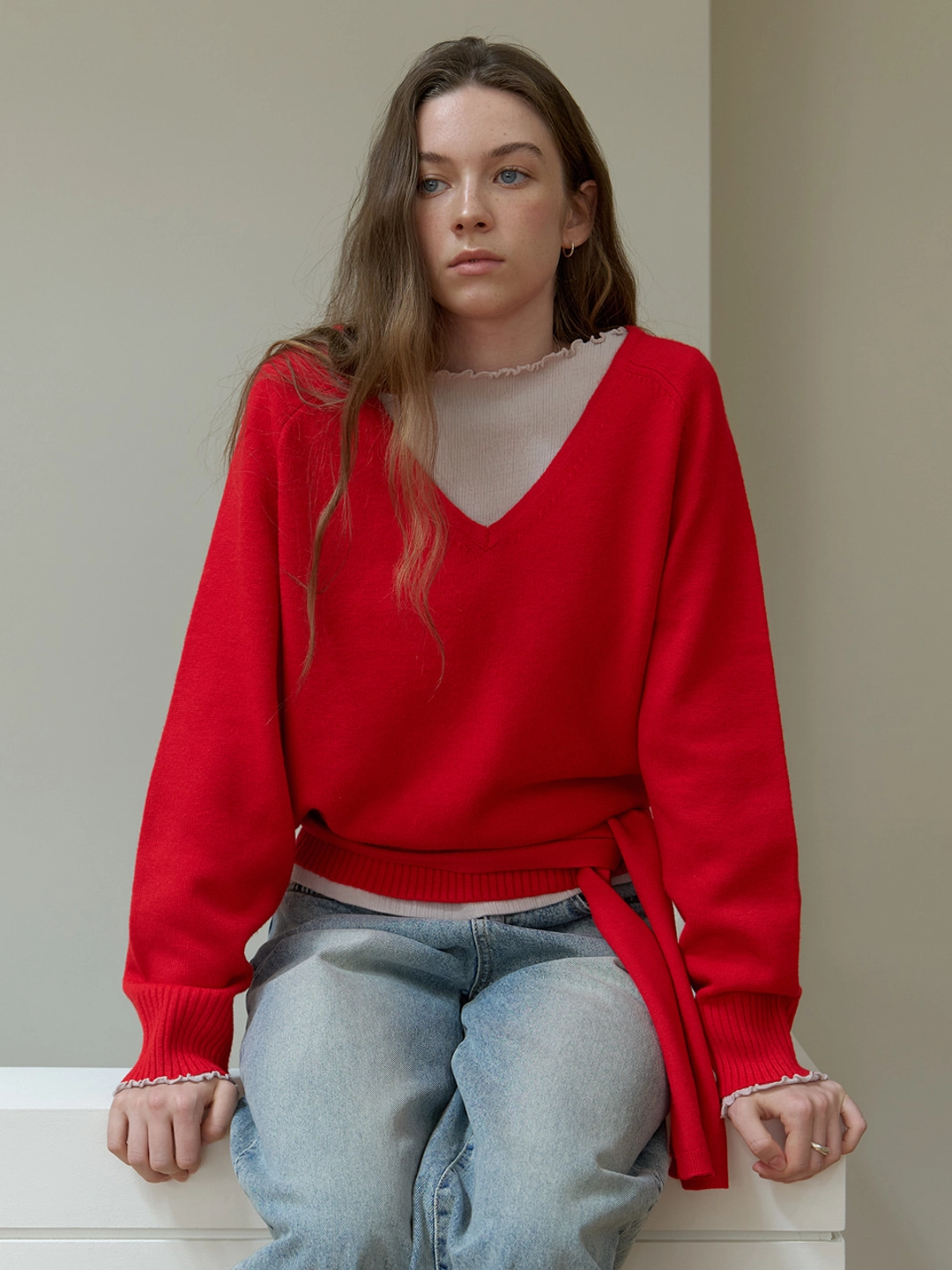 어몽 A V-NECK OVERSIZED MUFFLER KNIT SET_RED 상품 이미지 3