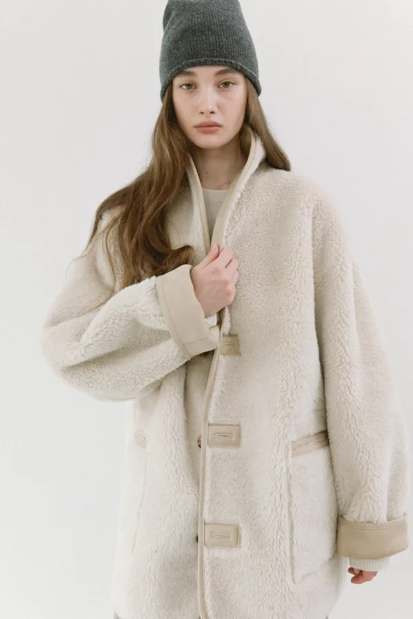 SHAWL HALF REVERSIBLE SHEARLING COAT [ BEIGE ] - EHA 에하