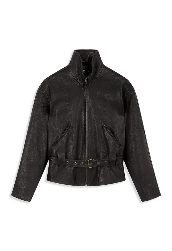 BELTED LEATHER BLOUSON, DARK BROWN
