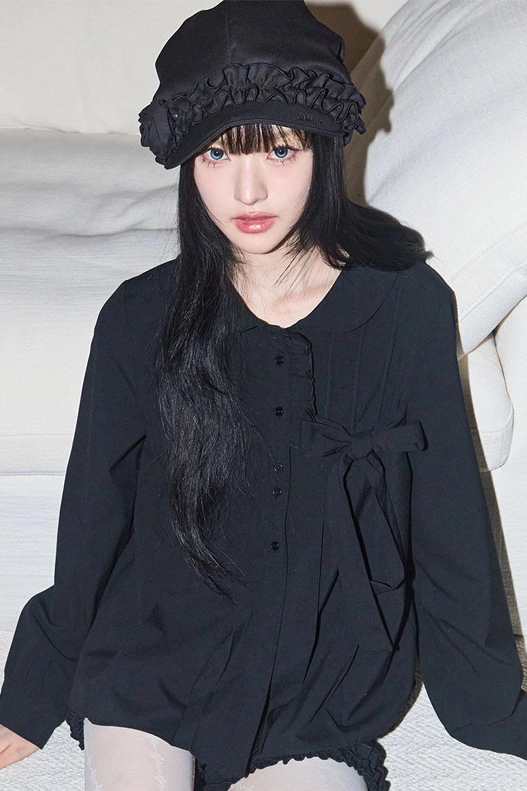 일리고 리본 플리츠 블라우스 블랙 상품 이미지 2