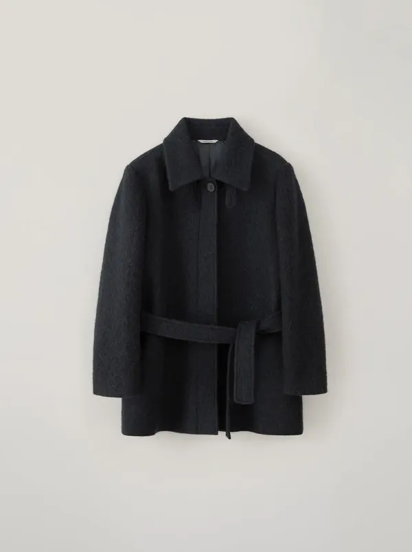 HAIRY BELTED HALF COAT_DEEP NAVY