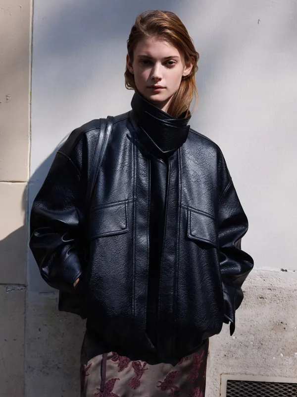 Faux Leather Double Placket Blouson Zip-up Jumper SL6AM802-10