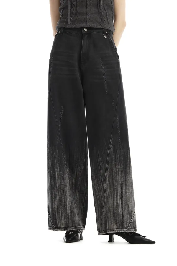 Gradient-Washed Distressed Denim Pants [ Black ]