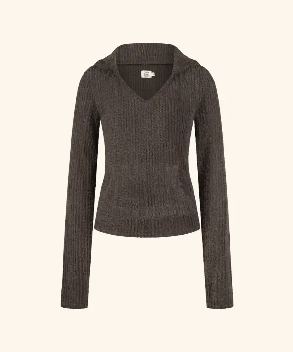 Fluffy V-Neck Slim-Fit Hoodie ( Brown )