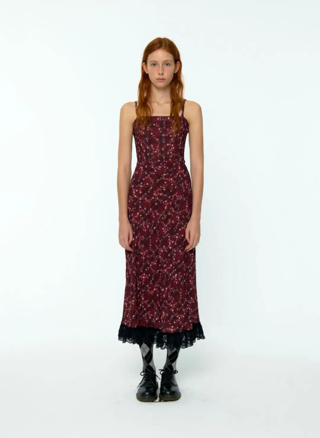 루루서울 Check Flower Slim Long Dress (Burgundy) 상품 이미지 2