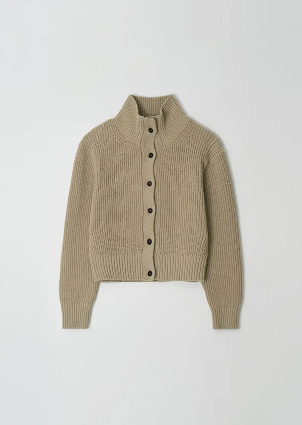 wool high-neck knit cardigan-beige