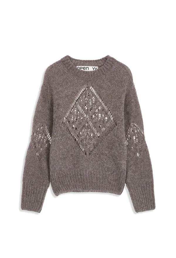 ALPACA ARGYLE POINTELLE PULLOVER, MOCHA