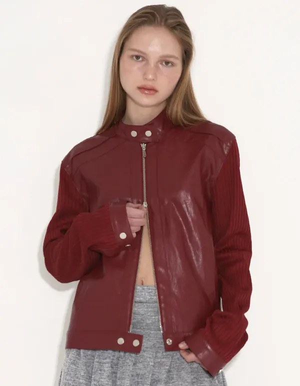 RIBBED PANEL BIKER JACKET, RED