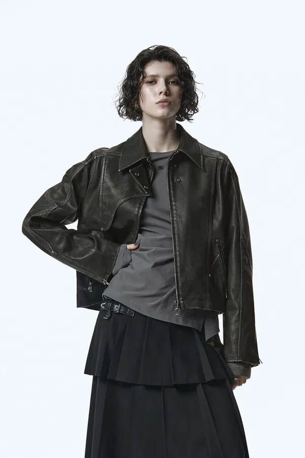 Vintage Washed Leather Jacket [ Dark brown ]
