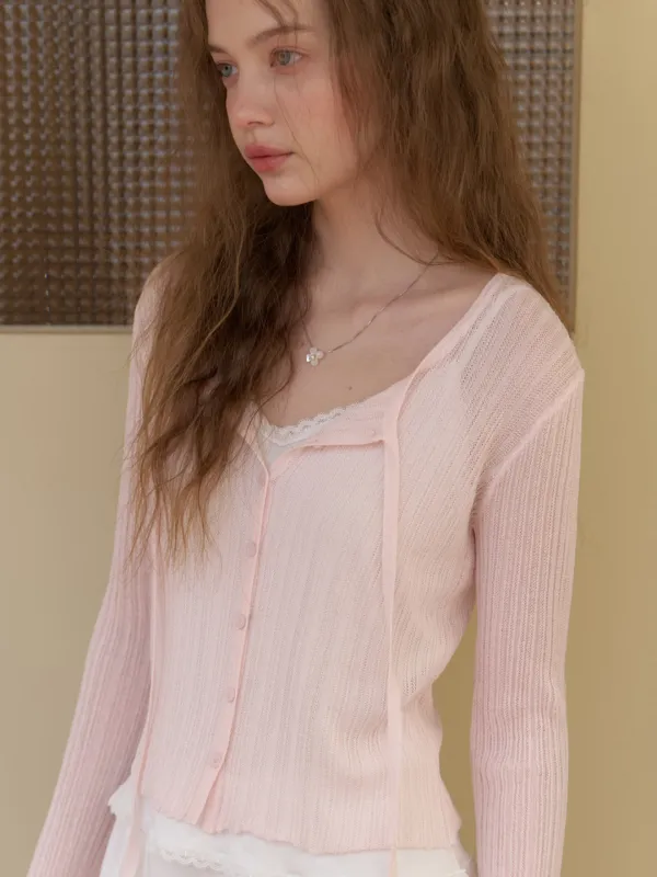 [SET] Loana strap knit cardigan (pink)+Rosa lace sleeveless (ivory)