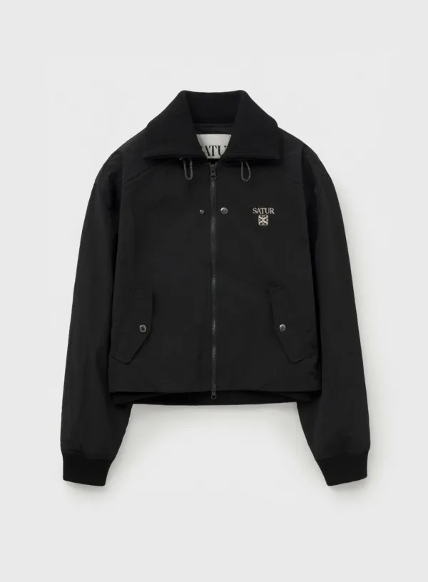 (W) Maron Nylon Crop Bomber Jacket - Black