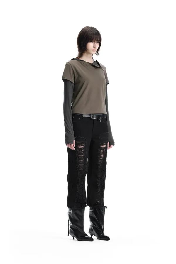 Zip Detail Slim Fit T-shirt [ Brown ]