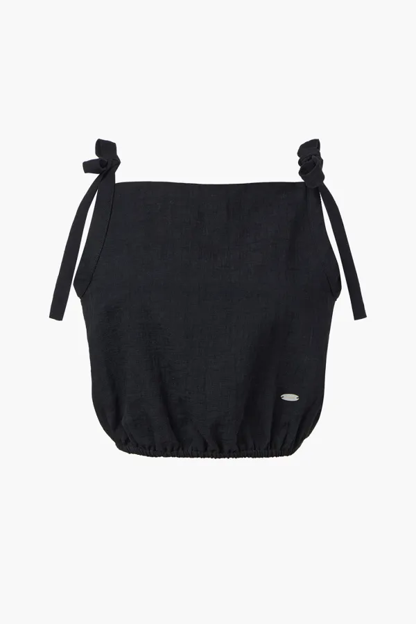 Cropped Linen Ribbon Tie Top, Black